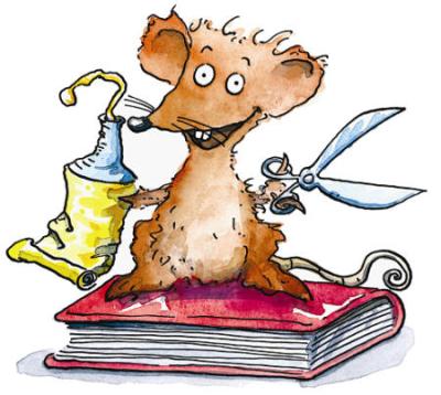 Logo Bastelleratte - Cartoon-Ratte sitzt auf einem roten Buch. Sie hält in der rechten Hand eine geöffnete gelbe Klebertube, aus der Klebstoff herausspritzt. In der linken Hand befindet sich eine geöffnete Schere.