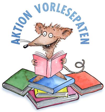 Logo Aktion Vorlesepaten -  Ratte sitzt auf einem Bücherstapel und hält ein Buch