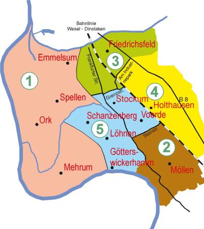 Stilisierte Karte von Voerde. Das Gebiet ist in fünf Abfuhrbezirke unterteilt. Eingezeichnet sind die Bahnlinie Wesel - Dinslaken und die Hauptverkehrsstraßen. Der Bezirk 1 (Emmelsum, Spellen, Ork, Mehrum) ist auf der linken Seite der Karte hellrosa dargestellt. Der Bezirk 3 (Friedrichsfeld) ist oben rechts in hellgrün gehalten. Der Bezirk 4 (Holthausen) ist gelb abgebildet. Der Bezirk 5 (Stockum, Voerde, Löhnen, Götterswickerhamm, Schanzenberg) ist hellblau und der Bezirk 2 (Möllen) ist braun eingefärbt.