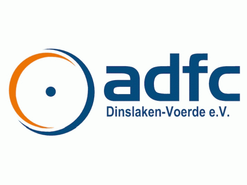 adfc-Logo: Schriftzug adfc Dinslaken-Voerde e.V. Links daneben ein stilisiertes Rad in orange-blauer Farbgestaltung.