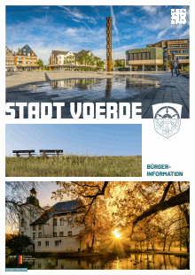 Titelbild der Broschüre Bürger-Information der Stadt Voerde zeigt ein Foto vom Voerder Marktplatz, von zwei Sitzbänken auf dem Deich und vom Wasserschloss Haus Voerde.